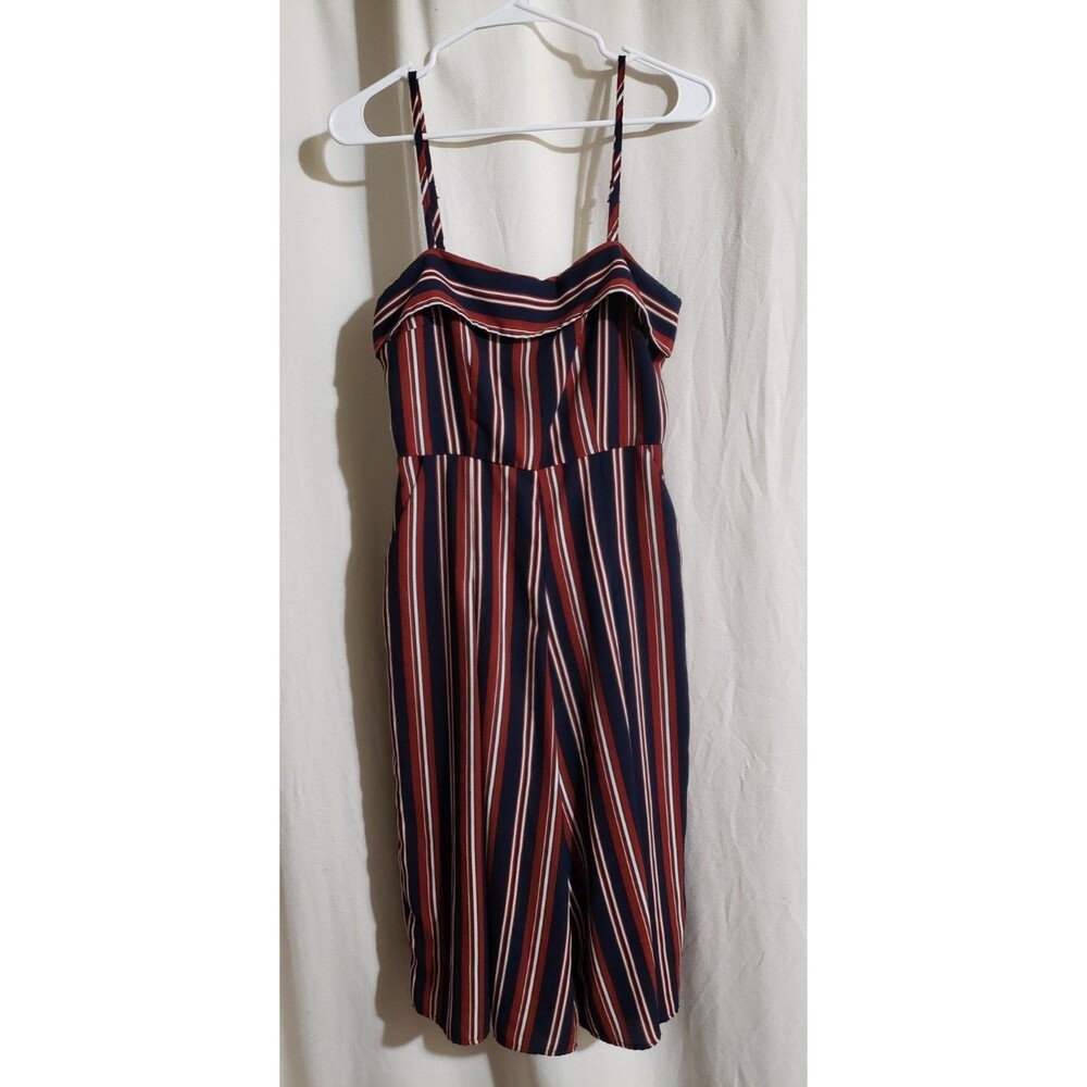Socialite Women’s Small Striped Wide Leg Palazzo Jumpsuit Navy Maroon White